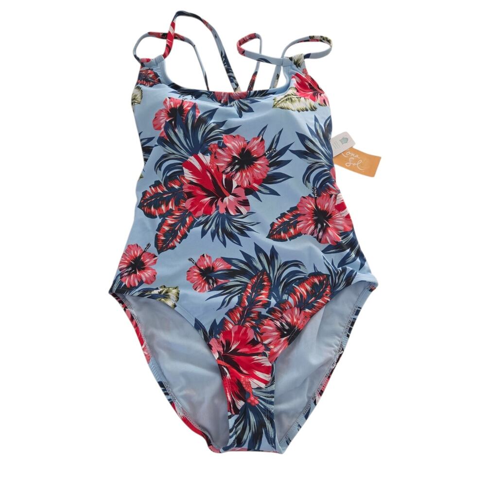 NEW Kona Sol MEDIUM Over The Shoulder One Piece Swimsuit Strappy Floral